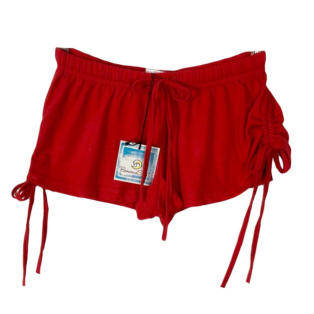 New BANANA SPLIT Shorts S Ruched Sides Bows Drawstring Cotton Elastic Waist